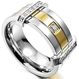 INBLUE Men's Stainless Steel Ring Band CZ Gold Silver Two Tone Wedding