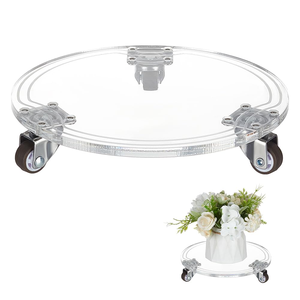 BENECREAT Acrylic Plant Caddy Heavy Duty 25Kg /55lbs Capacity, 22cm Clear Round Plant Stand with 3 Rubber Wheels, Lockable Pot Dolly Holder for Indoor Outdoor Potted Planter