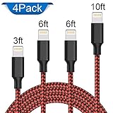 Lightning Cable,ONSON Charger Cables 4Pack 3FT 6FT 6FT 10FT to USB Syncing and Charging Cable Data Nylon Braided Cord for iPhone 7/7 Plus/6/6 Plus/6s/6s Plus/5/5s/5c/SE and more (Black&Red)