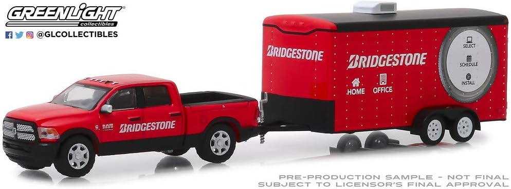New DIECAST Toys CAR Greenlight 1:64 Hitch & Tow Series 17-2017 RAM 2500 Big Horn and BRIDGESTONE Service Center Enclosed CAR Hauler (RED) 32170-C