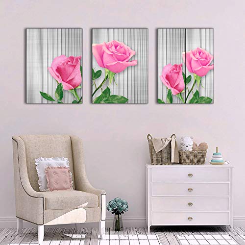 Pink Wall decor for girls bedroom Decoration Framed Flowers Wall Decor canvas bathroom pictures 3 Pieces rose bathroom decor wall art Beige Wood Board Floral teenage girl room decor painting 12×16 Inch