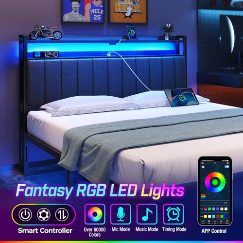 Rolanstar Headboard for Full Size Bed with Storage, 60,000 DIY Color of LED Light, Head Board with USB & Type C Port, Height Adjustable, Black Upholstered Cabeceras de Cama Comfortable Modern, Stable