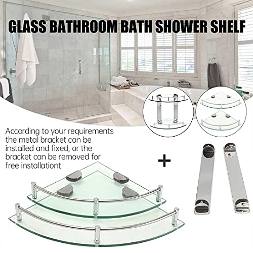 Bathroom Shelves,2 Tier Glass Shelves Wall Mounted with Stainless Steel Bracket,Corner Shower Shelf to Hold Seasoning Bottle/Liquid Soap/Shampoo Bottle(Radius: 9.8\'\')