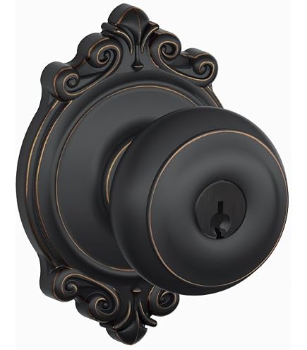 Schlage F40VGEO716 Georgian Privacy Knob – Aged Bronze Bathroom/Bedroom Lock – Push Button Locking With Emergency Tool Access