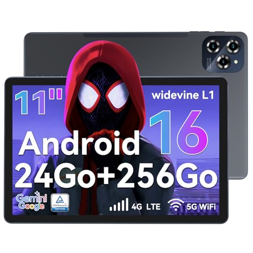 BESTTAB W90 Tablet with 11 Inch FHD SIM Card, Android 16 Tablet (OTA Update), 24GB RAM+256GB ROM, Octa-Core, 8000mAh Battery, Widevine L1 Netflix HD, 4G LTE, TÜV, 16 MP+8 MP, Face ID, GPS