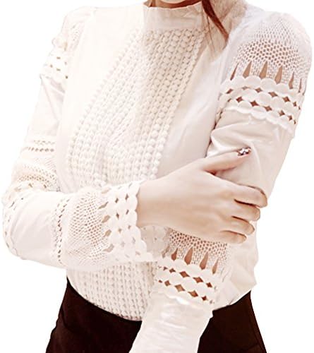 Women's Hollow Out Design with Lace Crochet Elegant Long Sleeve Trim Blouse (M, White)