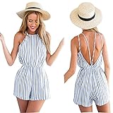 Moxeay Clubwear Halter Backless Playsuit Bodycon Party Jumpsuit Romper Trousers (Asia Small, Stripped)