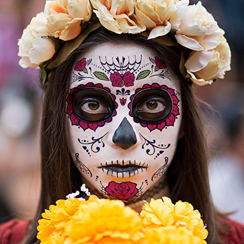 Day of the Dead Face Tattoos, Skeleton Tattoos Temporary, 6 Sheets Halloween Makeup Sugar Skull, Match Day of the Dead Costume, Glitter Red Roses Sugar Skull Tattoo Face, 36 Pcs, 6 Sheets