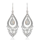 925 Sterling Silver Bali Filigree Chandelier Design w/ White Opal Dangle Earrings