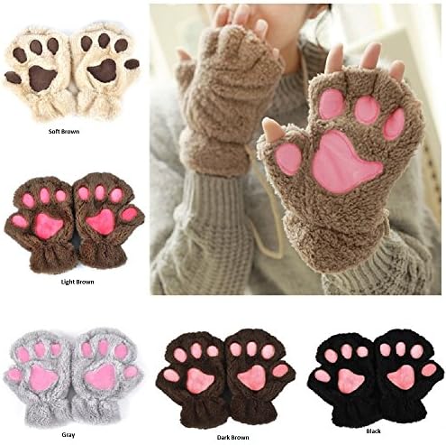 LB-2017 Winter Lovely Women Bear Cat Claw Paw Mitten Plush Gloves Short Finger Half Cover Female Gloves (Gray)