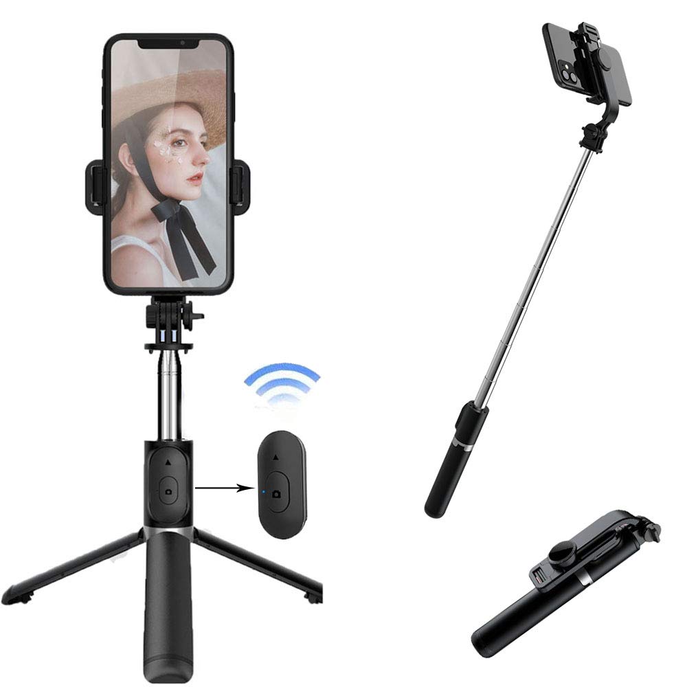 Enkarl 3 in 1 Selfie Stick with Tripod Stand, Portable Extendable Stainless Steel Phone Holder with Detachable Wireless Remote, Lightweight Compatible with Cellphones (Black)