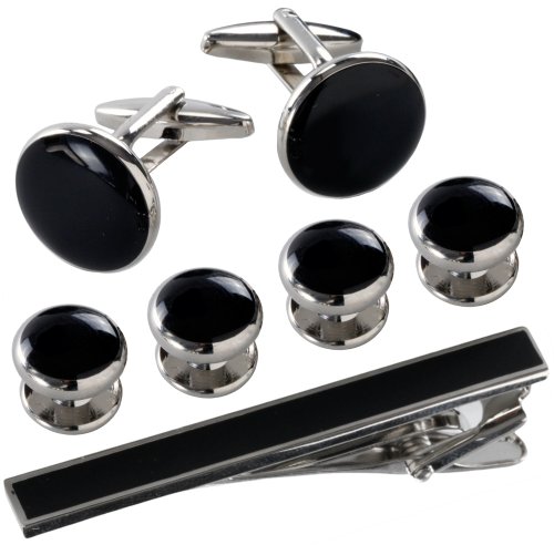 Cufflinks and Studs for Tuxedo - Formal Silver Tone Metal & Tie Clip (Black)