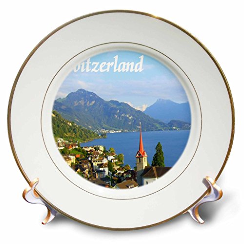 3dRose cp_155661_1 Switzerland Tourist Travel Souvenir Swiss Landscape Photo of Pretty Lake Town Weggis Near Lucerne Porcelain Plate, 8-Inch