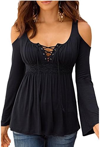 Womens Cold Shoulder Lace Up Long Sleeve High Waist Casual Blouse T-Shirt Tops