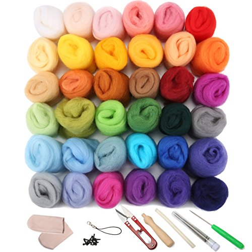 Jeteven 36 Colors Wool Yarn Roving, Fibre Hand Spinning DIY Craft for Needle Felting with 1 Set Needle Felting Kit Wool Felt Tool
