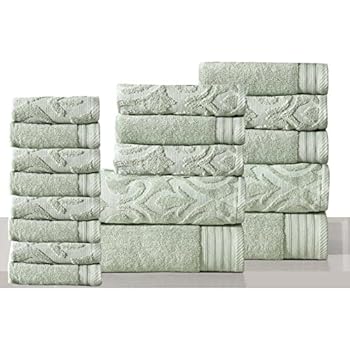 sage green patterned towels