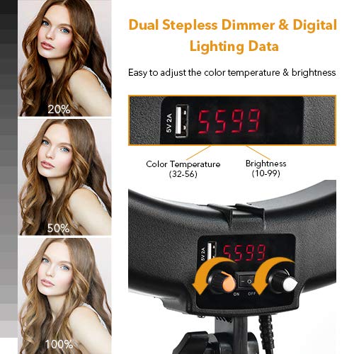 [Upgraded] 18inch LED Ring Light w/ 78" Stand, 720 LED 3200-5600K Warm/White, Digital Display Dimmable Video Light, Camera Phone Holder & Carrying Case, USB Power Output for Studio Makeup Live Vlogger - Thumbnail 2