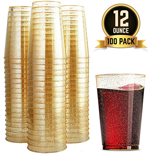 100 Glitter Plastic Cups 12 Oz Clear Plastic Cups Tumblers Gold Glitter Cups Disposable Wedding Cups Elegant Party Cups Recyclable and BPA-Free