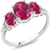 Gem Stone King 10K White Gold Oval Red Created Ruby and Diamond Accent 3-Stone Engagement Ring For Women | 2.20 Cttw | Wedding Engagement Anniversary Promise Ring For Women