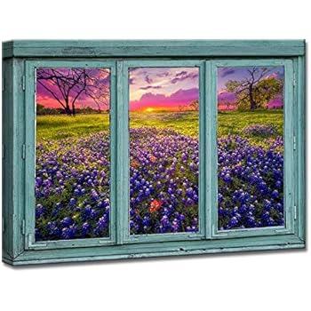 iKNOW FOTO Canvas Prints Retro Teal Window Frame Style Sunrise in The Texas Hill Country Wall Art Spring Landscape Sunrise Pictures Paintings Giclee Artwork for Living Room Bedroom Home Decor 24x36in