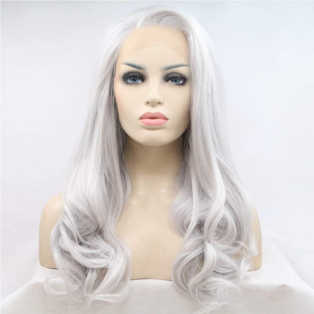 AFBeauty Platinum Grey Wig Synthetic Long Wavy Gray Side Part Silver Grey Glueless Wig Heat Resistant Fiber Lace Frontal Wigs for Women Cosplay Daily Wear