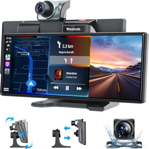 Westods Portable Wireless Carplay Car Stereo with Dash Cam