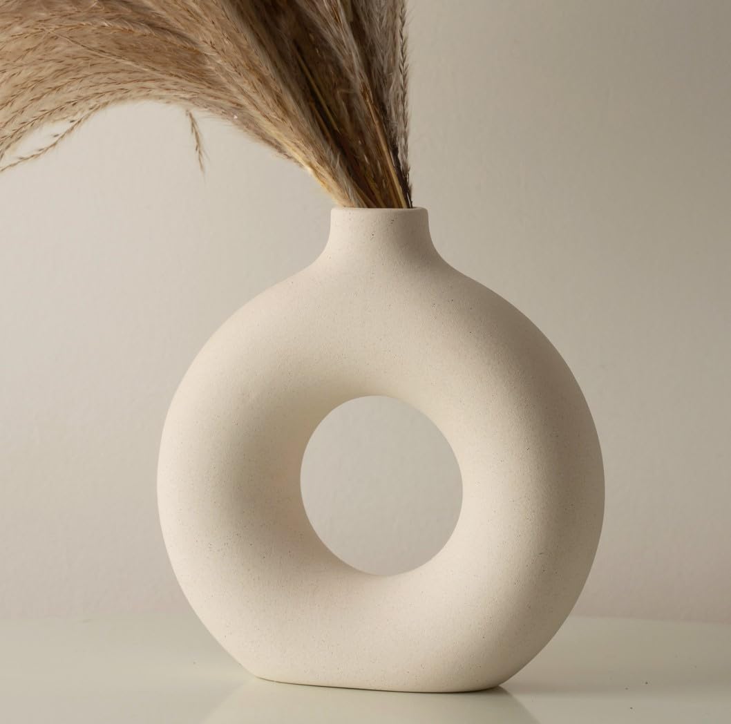 Large Vase For Dried Pampas Grass, Aesthetic Living Room Bedroom Decor, Dining Table Decorations, Boho Home, White Large Round Vase Shelf Ornaments