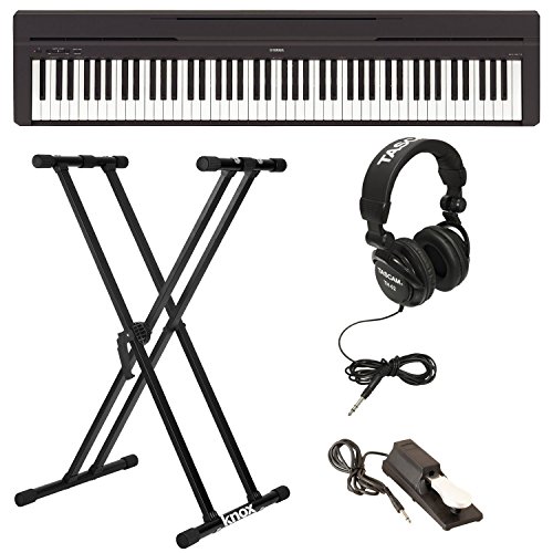 Yamaha P45B Digital Piano with Knox Double X Keyboard Stand, Full-Size Headphones, and Sustain Pedal