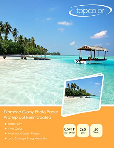 Topcolor 50 Sheets 8.5x11 RC Resin Coated Waterproof High Glossy Photo Paper, Premium Photographic Paper for All Inkjet Printers