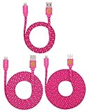 3 PACK 3ft/6ft/10ft Durable Braided Flat Noodle Lightning USB SYNC Cable Charger Cord for iPhone 5 / 5C / 5S / 6 / 6 Plus (Latest IOS Supported) iPad Mini iPod Touch 5th Air Gen (Hot pink)