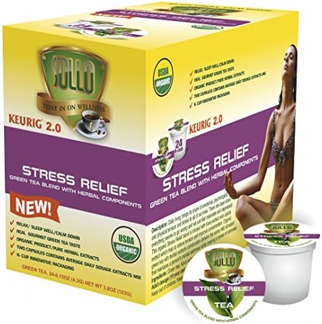 SOLLO Organic Green Tea Pods Compatible With 2.0 K-Cup Keurig Brewers, Stress Relief, Calm Down, Sleep Well Green Tea With Herbals Extracts, 24 Count per Pack, Organic.