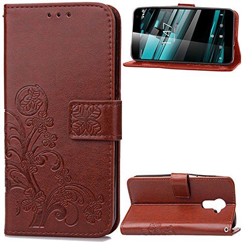 Vodafone Smart Platinum 7 Case, Abtory Leaf Embossing Design Magentic PU Wallet Case Card Slots Stand Case for Vodafone Smart Platinum 7 5.5" with Wrist Strap Brown