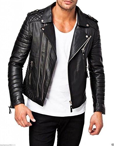 AMANATI MENS BIKER JACKET SLIM FIT LAMB SKIN GENIUNE LEATHER