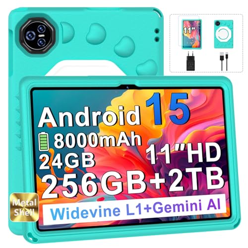 2026 Android 15 Tablet with EVA Silicone Protective Case, 24GB+256GB/2TB, 11-inch Octa-Core Tablet, Gemini AI/Widevine L1, 8000mAh, 13MP+5MP, Metal Case, Big Kids Tablet-Green