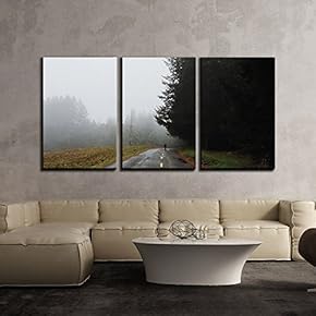 3 Piece Canvas Wall Art - a Man Walking on The Road in Misty Day - Modern Home Art Stretched and Framed Ready to Hang - 16"x24"x3 Panels