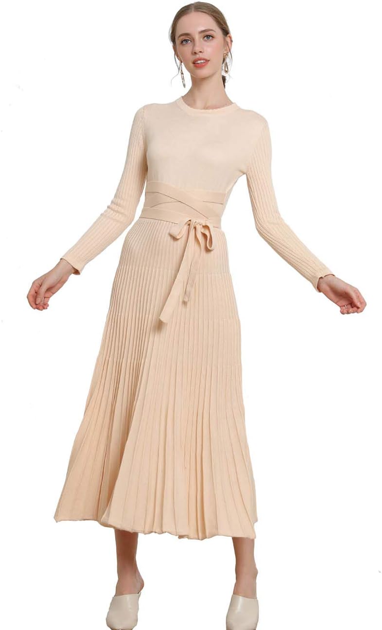 FINCATI Long Sweater Dress Autumn Winter Cashmere Belt Fitted Waist Big Swing Flared Calf Length Maxi Dresses