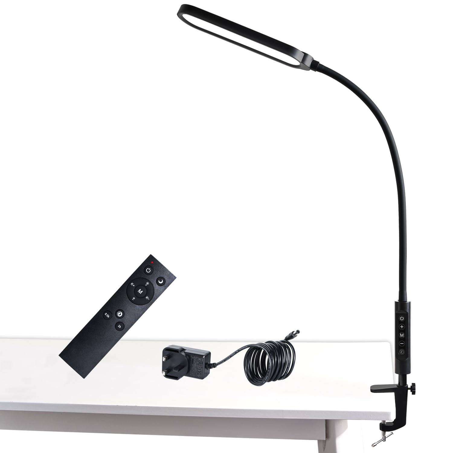 KOOSTONE Workbench Light, LED Clamp Desk Lamp, 3000 LMS, 18W, CRI>95, 3 Color Modes, 16 Brightness Levels, Eye-Caring Task Lamp with Remote for Reading, Office, 0.5H/1H Timer (Adapter Included)