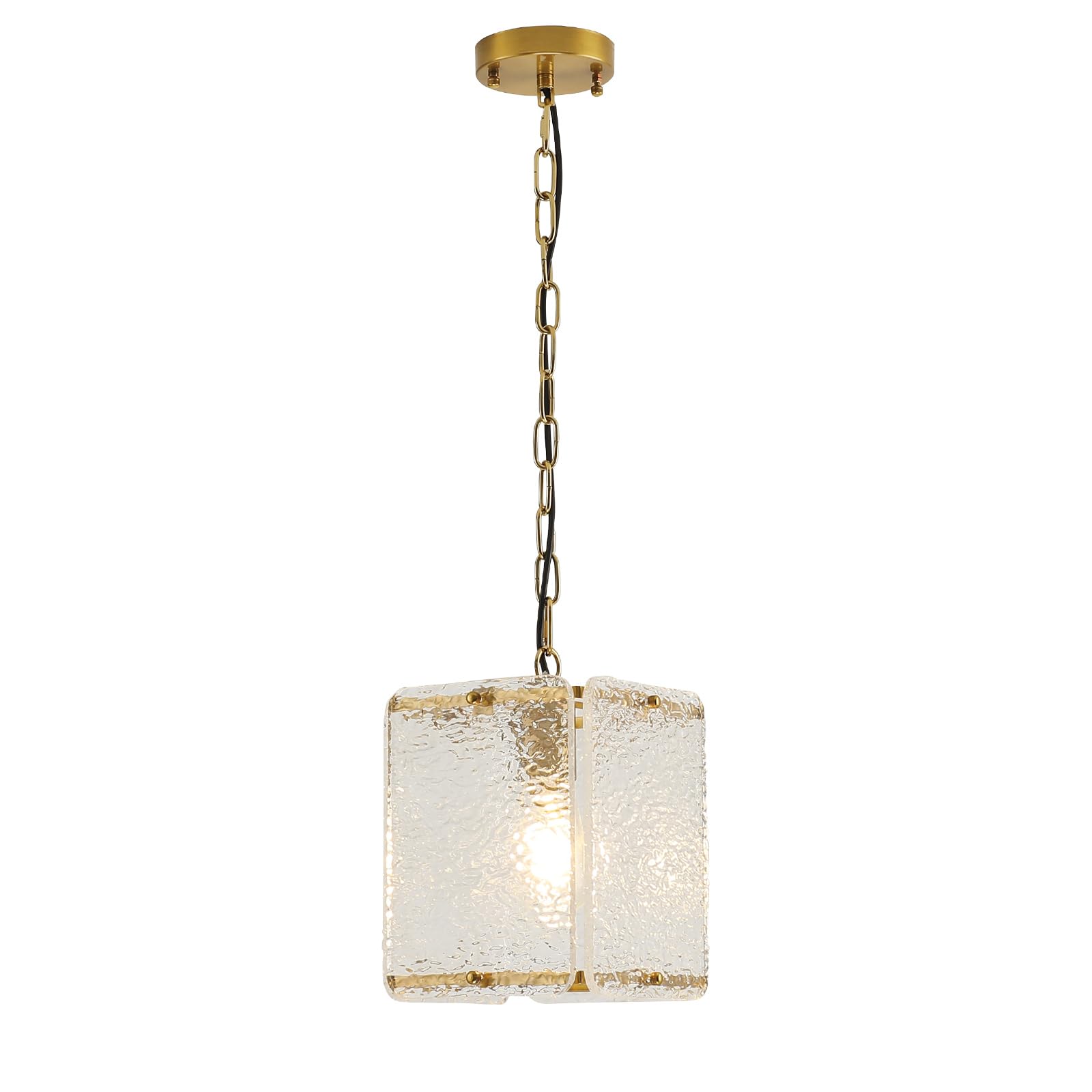 Bicrink Brass Crystal Pendant Light for Kitchen Island Lights- Exquisite Gold Chandelier with Water Ripple Glass - Height Adjustable - Dimmable - Great for Dining Room and Hallway., MT60026