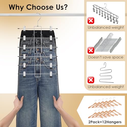 Trouser Hangers, Metal Skirt Hangers, Space Saving, Pack of 2, Non-Slip Foldable Stainless Steel Hangers for Trousers, Scarves, Jeans, Clothes, Skirt Stands