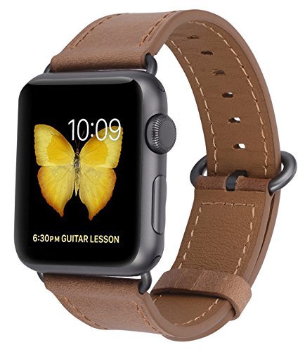 Compatible Iwatch Band 38mm 40mm - PEAK ZHANG Women Genuine Leather Replacement Strap with Space Grey Adapter and Buckle Compatible Series 4 (40mm) Series 3/2 /1 (38mm) Sport Edition, Caramel