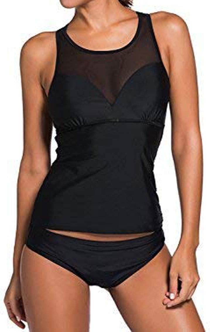 LittleLittleSky Womens Sexy Black Illusion Mesh Insert Two Piece Tankini Swimsuits Sporty Swimwear Bathing Suits ((US 18-20) XXL, Black)