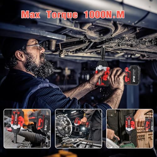 Cordless Impact Wrench1/2, 750Ft-lbs (1000N.m), 21V Power Impact Wrenches, 4-Mode Speed, 2x4.0AH Battery High Torque, 5 Sockets, 8 Drill, 6 Screws, Electric Impact Driver for Car Home Truck
