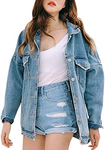 Retro Women Oversize Denim Jeans Loose Jacket Casual Button Coat Outwear