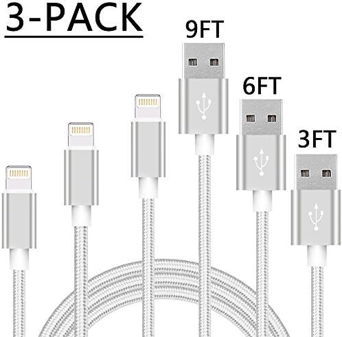Lightning Cable 3Pack 10FT Nylon Braided Certified iPhone Cable USB Cord Charging Charger for Apple iPhone X, 8, 7, 7 Plus, 6, 6s, 6+, 5, 5c, 5s, SE, iPad, iPod Nano, iPod Touch (GreyWhite)