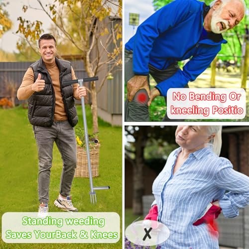 LEHDE Heavy Duty Stand Up Weed Puller Tool - 38” Long Handle 3-Claw Weeder, No Bending Weed Remover for Garden & Lawn with Easy Eject Mechanism