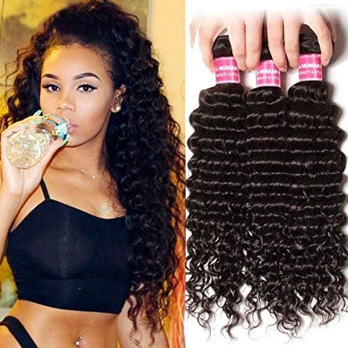 Jolia 10A Brazilian Deep Wave Curly Hair Remy Human Hair Extensions 100% Unprocessed Virgin Hair Natural Color Brazilian Deep Wave 3 Bundles (16 18 20)