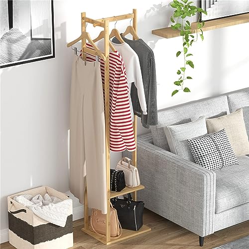 medla Bamboo Clothes Hanger Stand: Wood Cloth Rack with 3 Hanging Hooks and 2 Tier Shoe and Bag Storage Shelves Free Standing Coat Organizer for Hallway Home Office