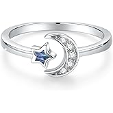 CUOKA MIRACLE Moon Ring, S925 Sterling Silver Crescent Moon and Star Opal Open Ring, Adjustable Ring, Valentine's Day Statement Ring