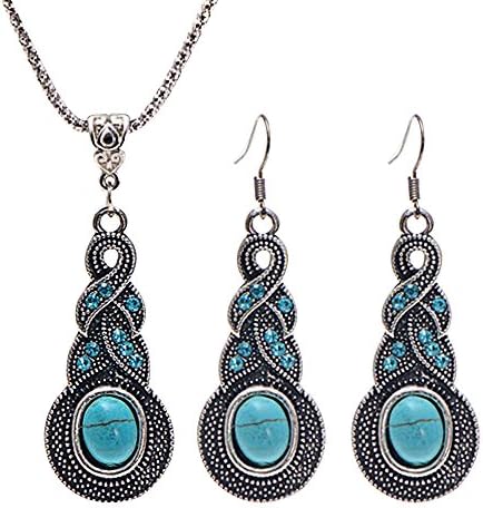 Shanghang Oval Shaped Tibetan Turquoise Necklace Earrings Set for Women