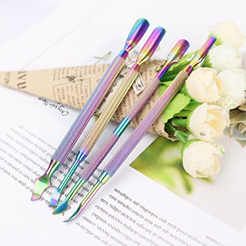 Buorsa 4pcs Rainbow Cuticle Pusher Stainless Steel Cuticle Remover and Cutter Manicure Nail Art Tool Set Professional Cuticle Nippers for Nail